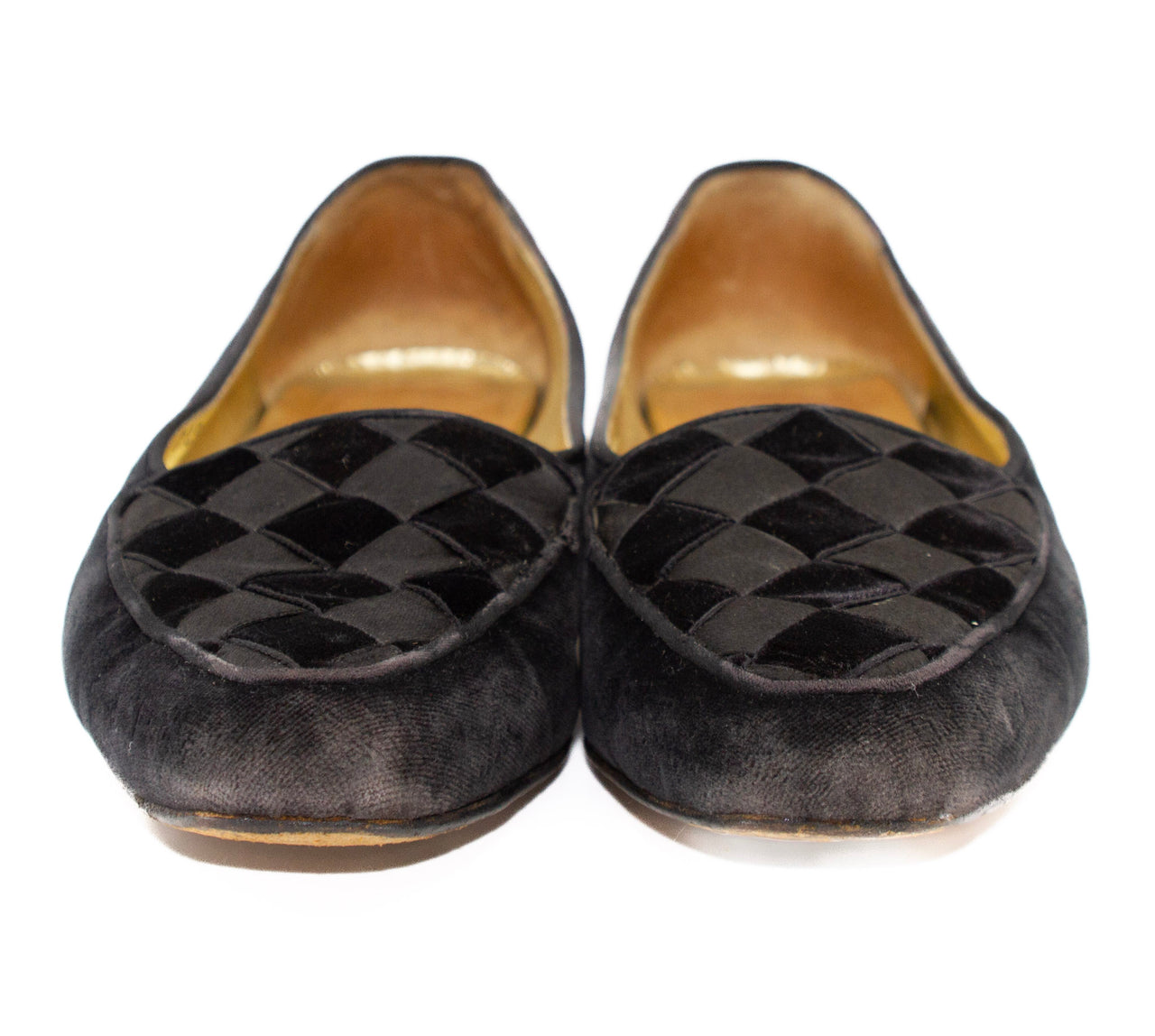 Bottega Veneta Black Velvet and Satin Diamond Checkerboard Loafers